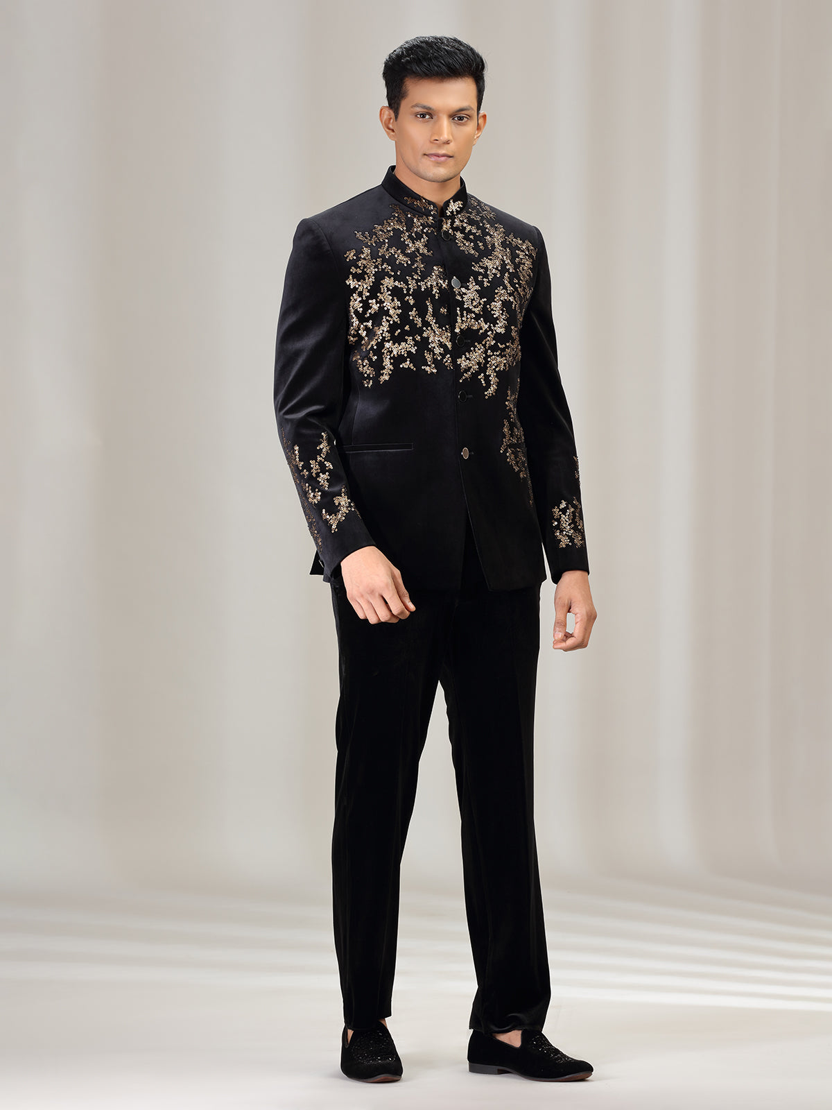 Black velvet jodhpuri suit with beads work