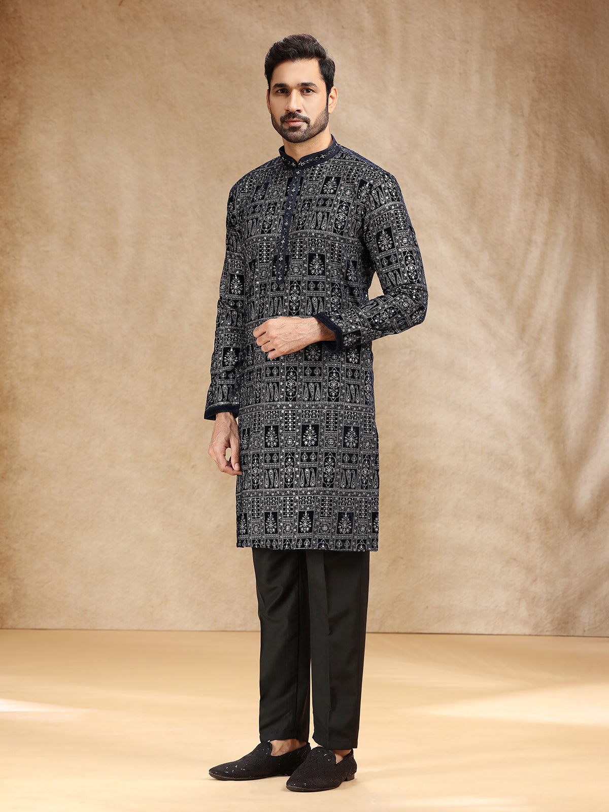 Black velvet kurta suit with resham work