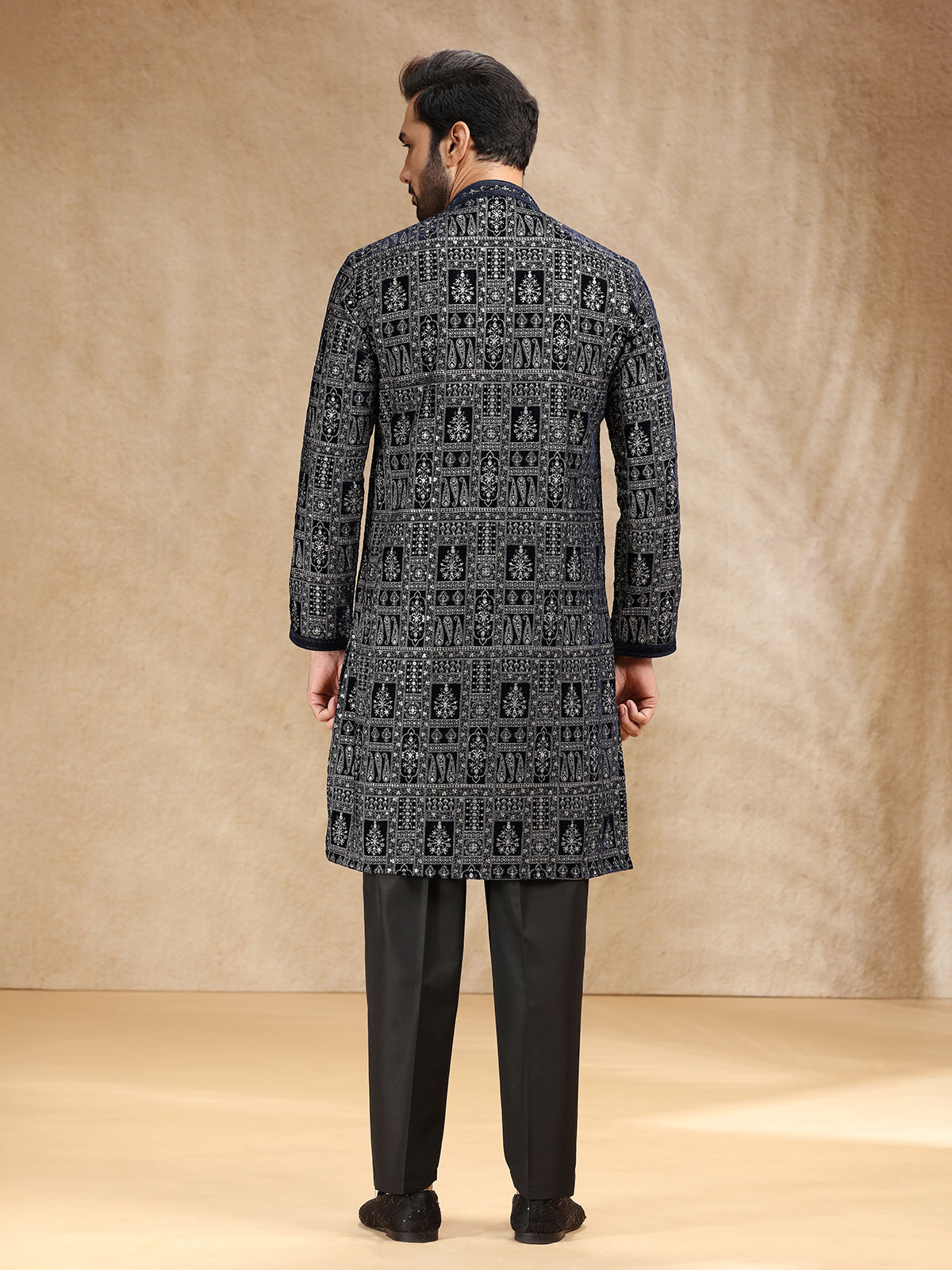 Black velvet kurta suit with resham work