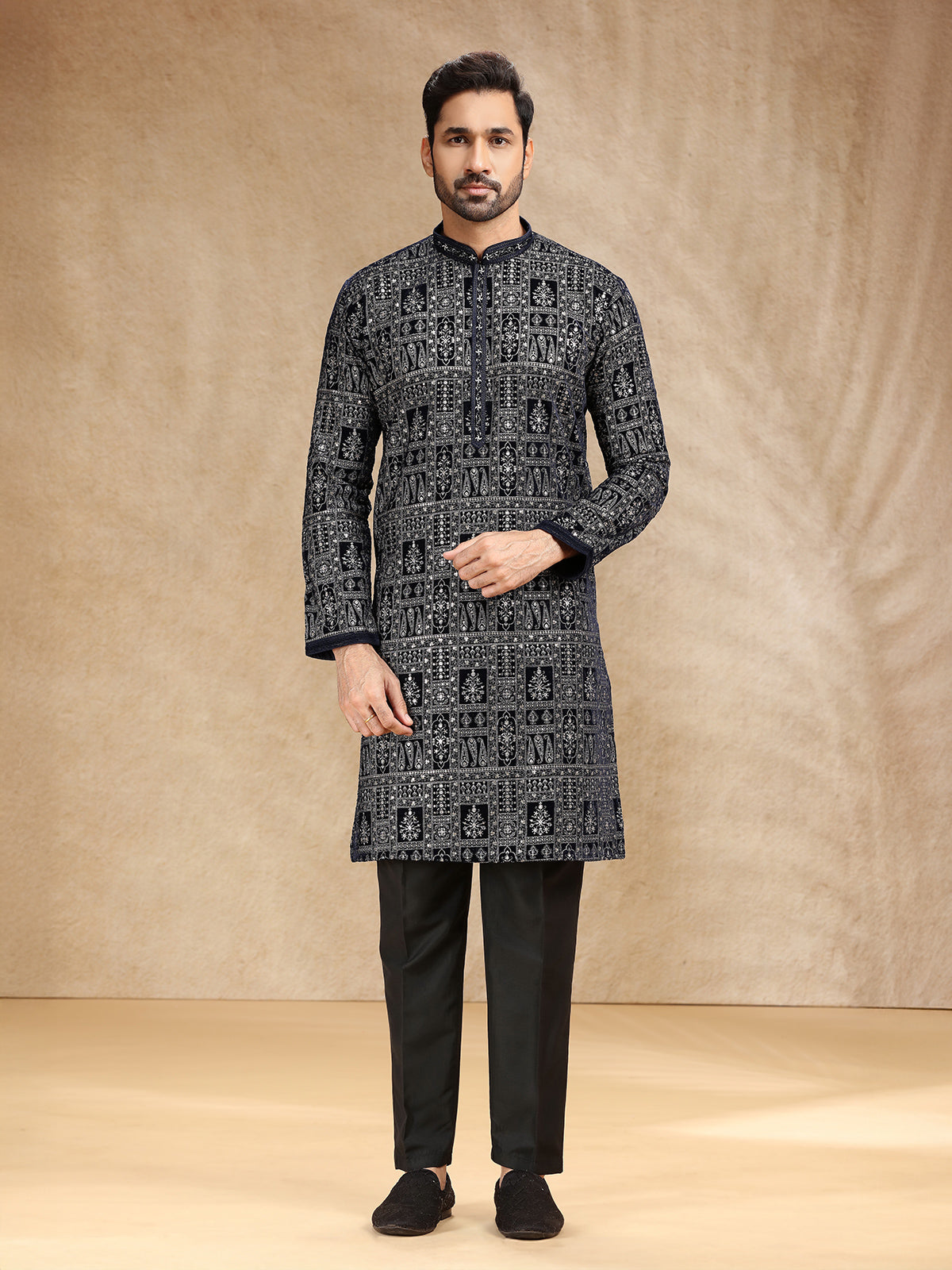 Black velvet kurta suit with resham work