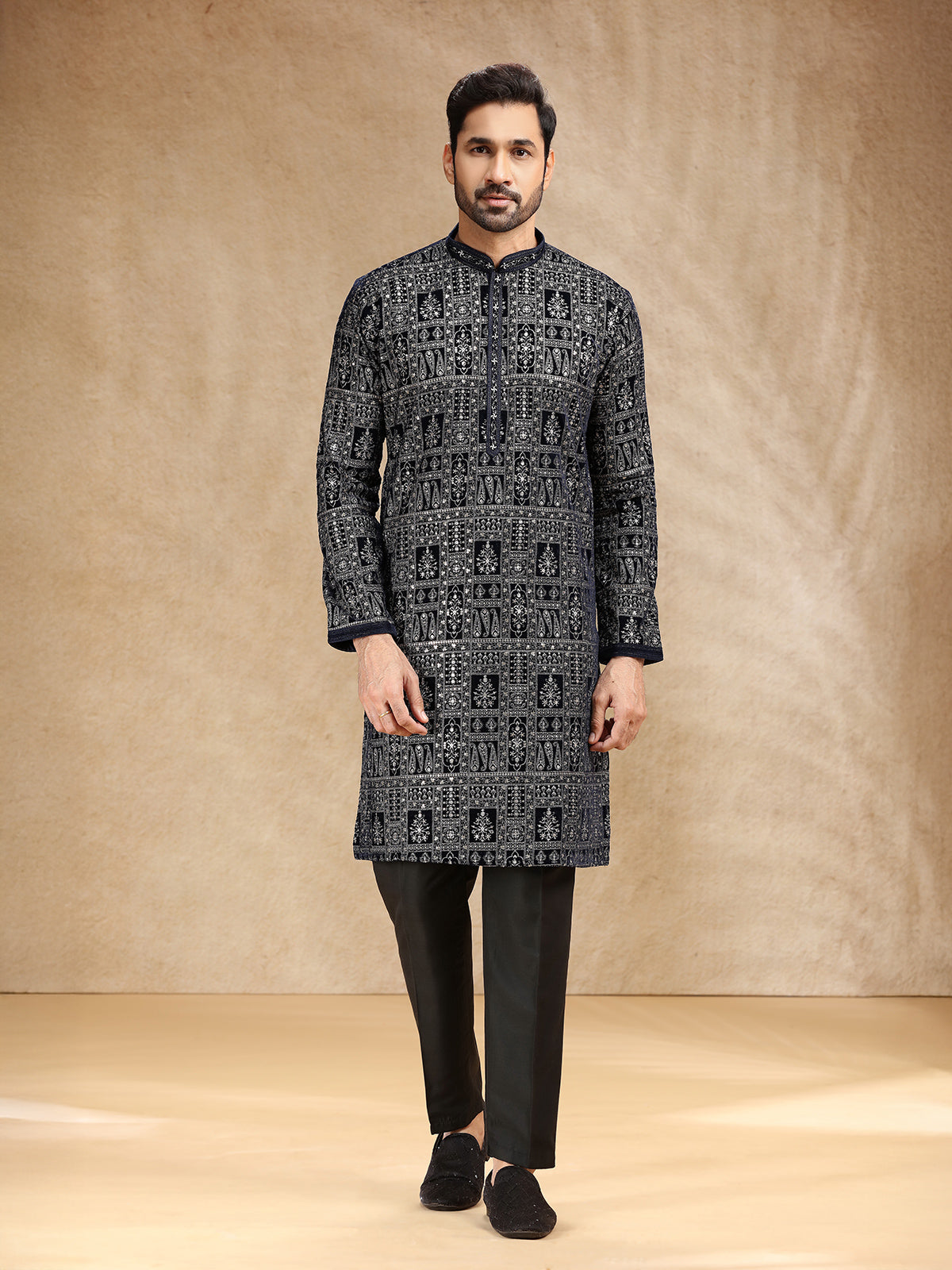 Black velvet kurta suit with resham work