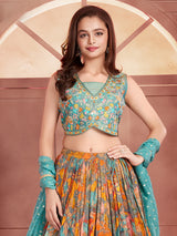 Blue and orange georgette lehenga choli