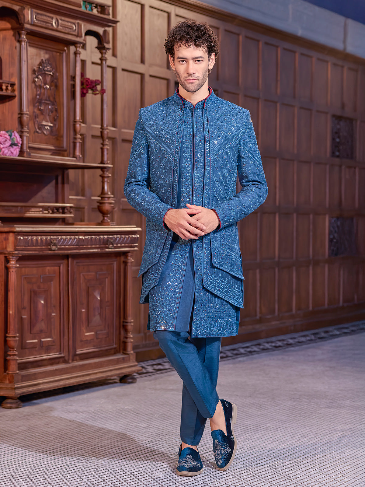 Blue art silk embroidered aabla work indo western jacket