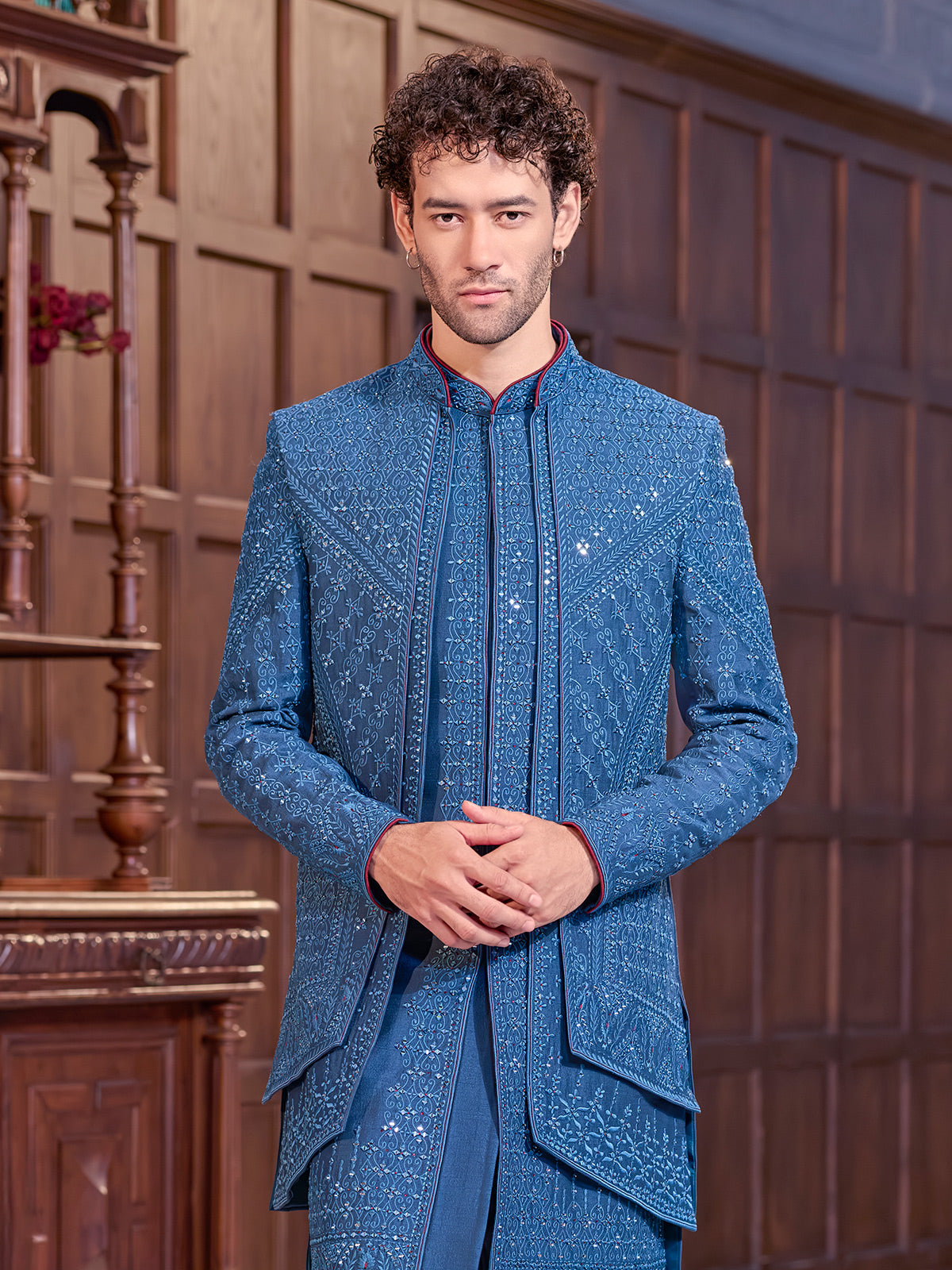 Blue art silk embroidered aabla work indo western jacket