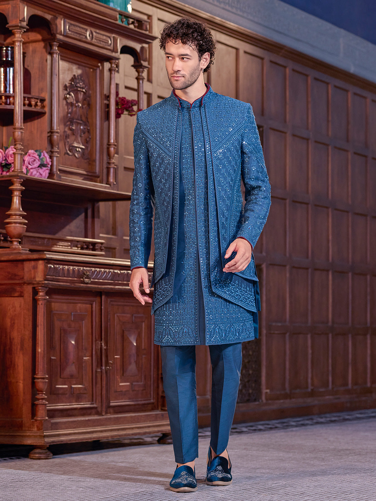 Blue art silk embroidered aabla work indo western jacket