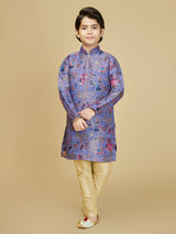 Blue cotton silk boys kurta suit with print
