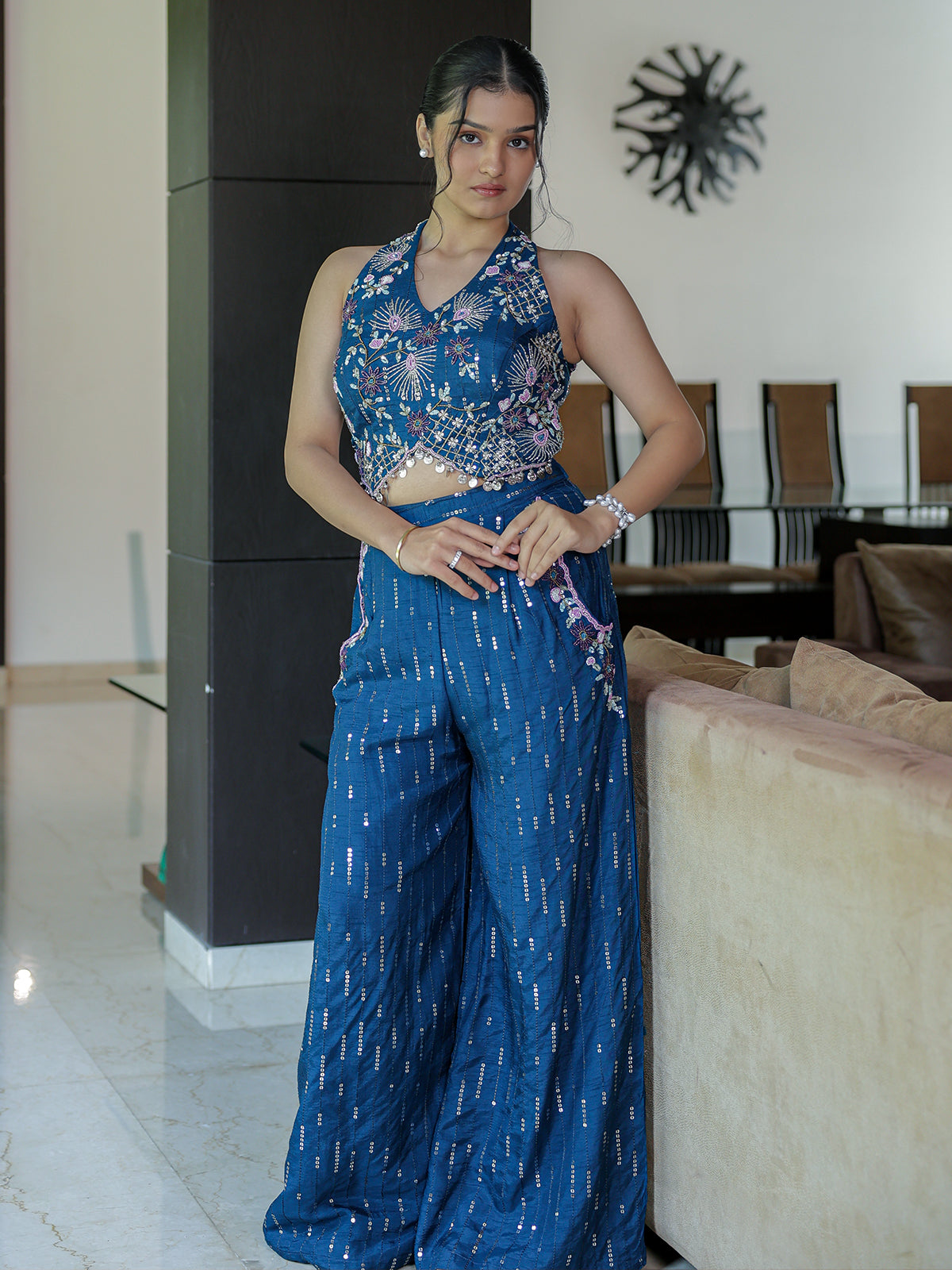 Blue cotton silk designer palazzo suit with sequins