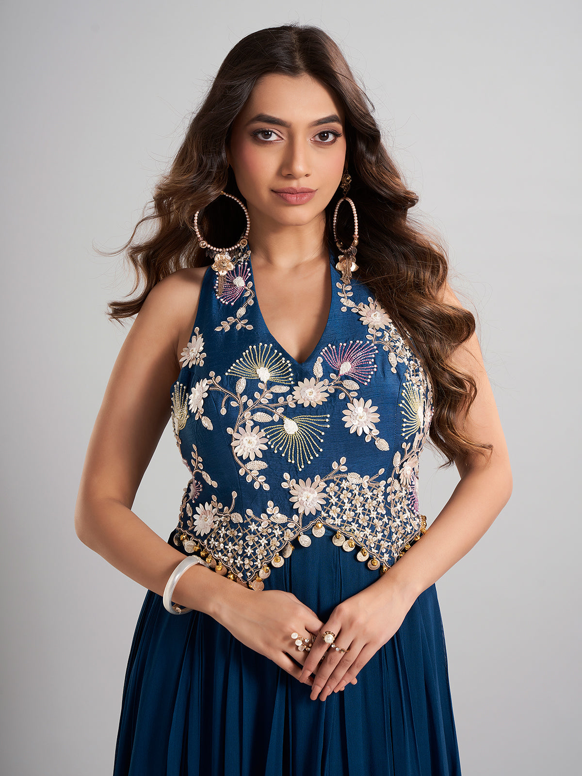 Blue georgette silk floor length suit with embellishment