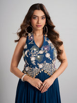 Blue georgette silk floor length suit with embellishment