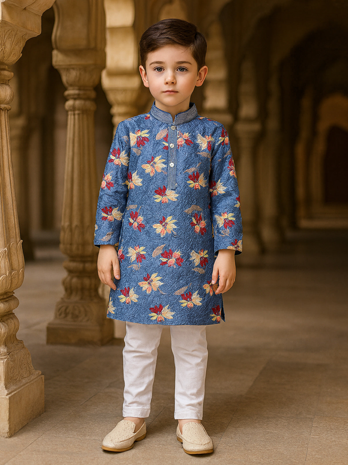 Blue printed cotton silk kurta suit for boys festive wear