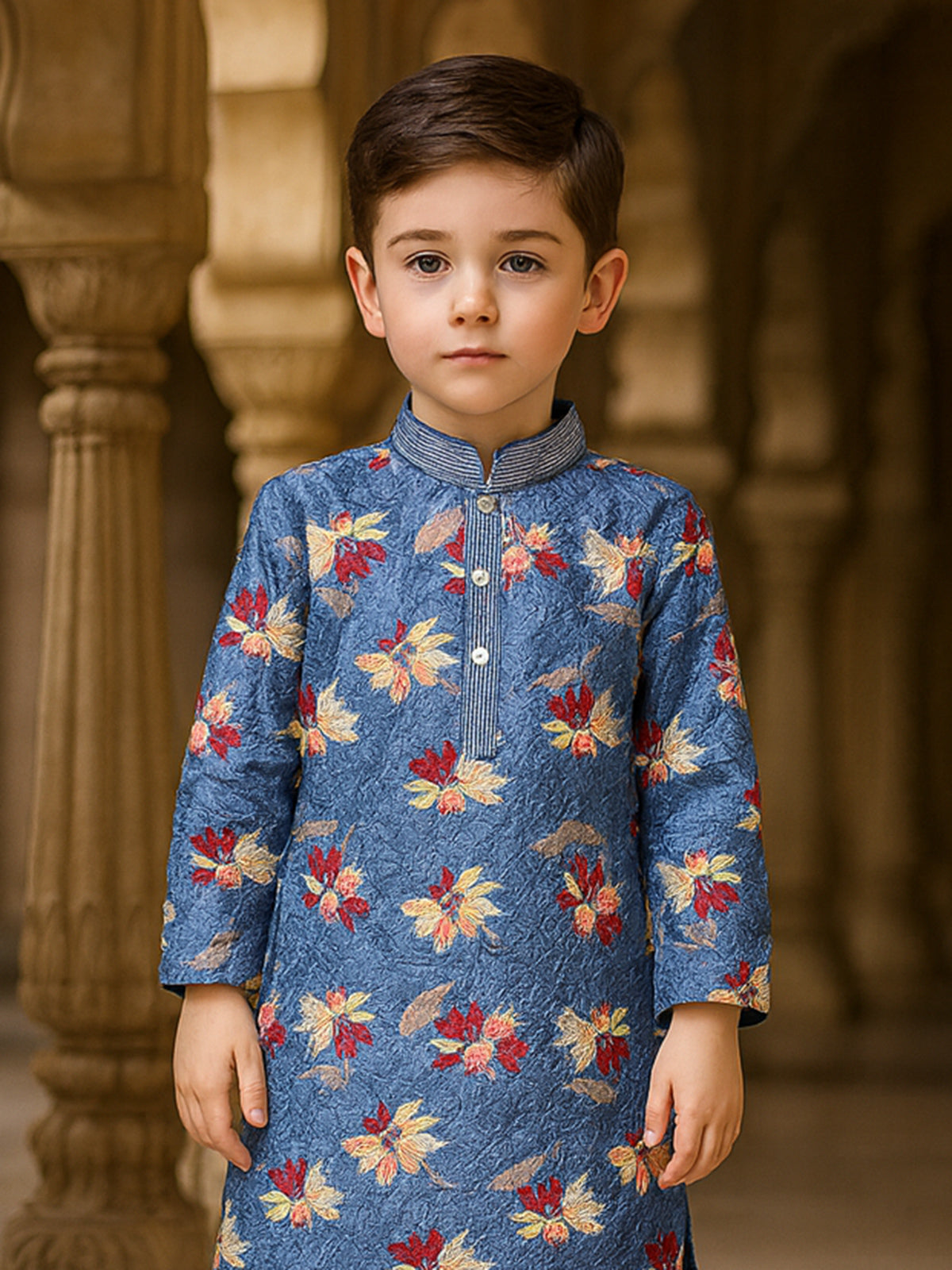Blue printed cotton silk kurta suit for boys festive wear