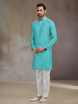 Blue silk kurta suit for men with print