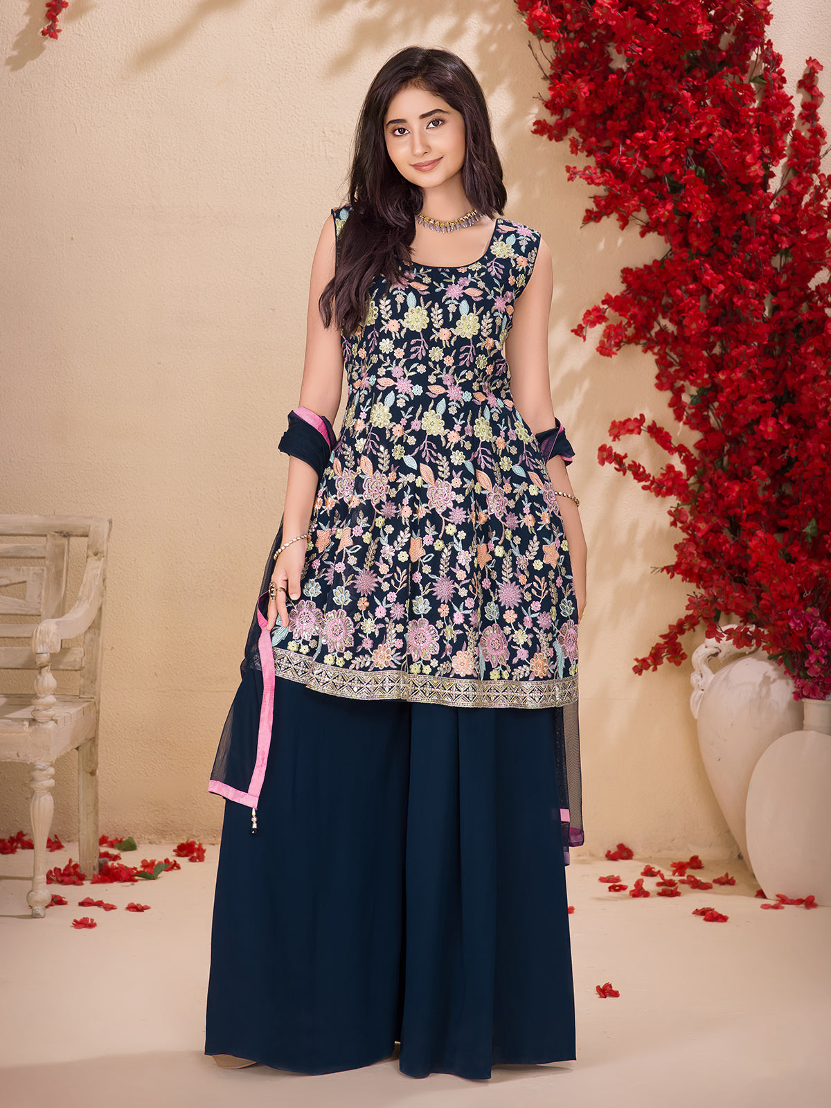 Blue silk palazzo salwar suit with matching dupatta