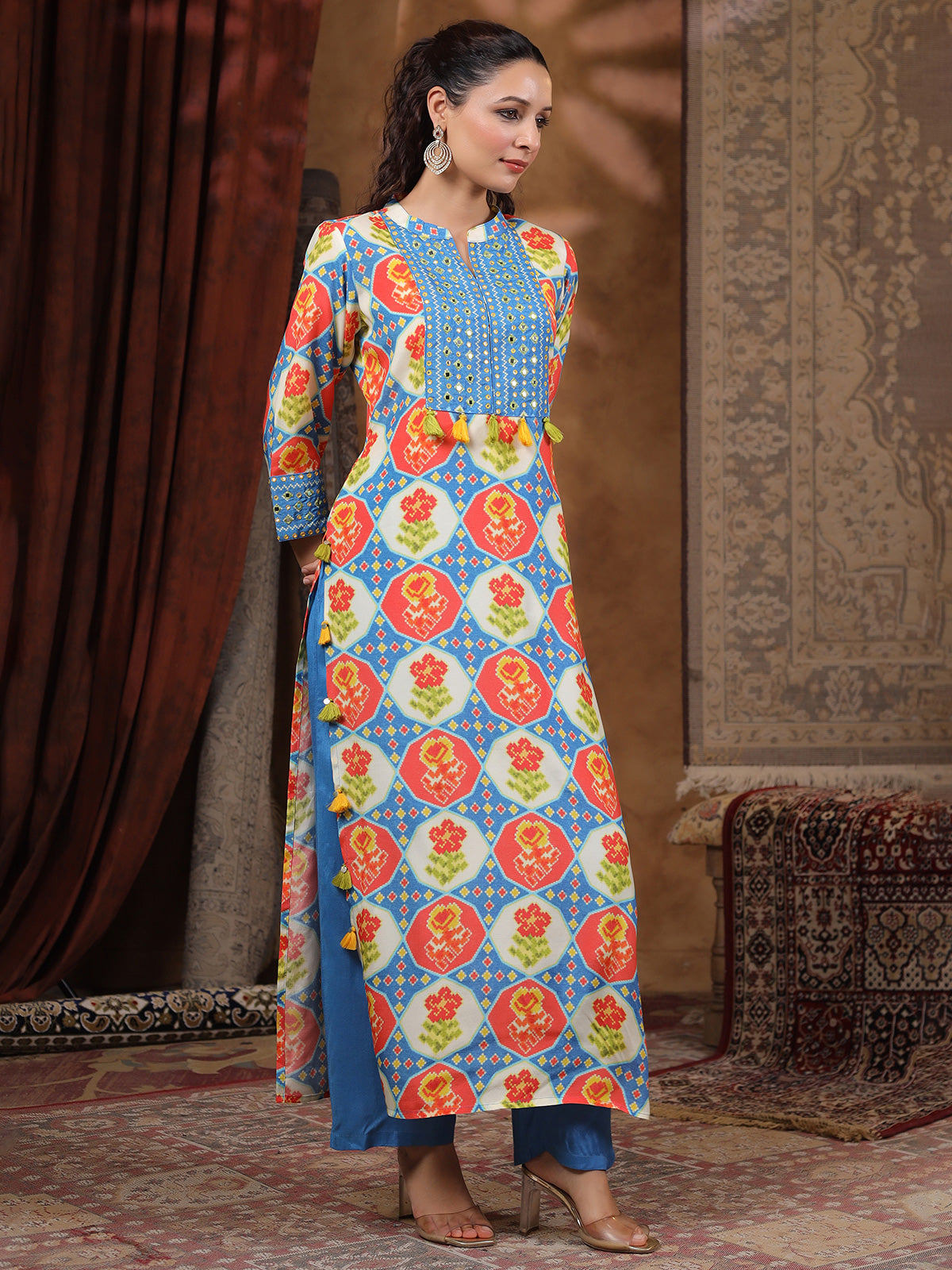 Blue silk printed kurti set for festive wear