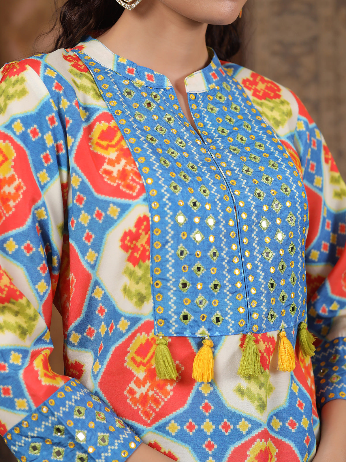 Blue silk printed kurti set for festive wear
