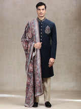 Blue velvet sherwani with vintage printed dupatta
