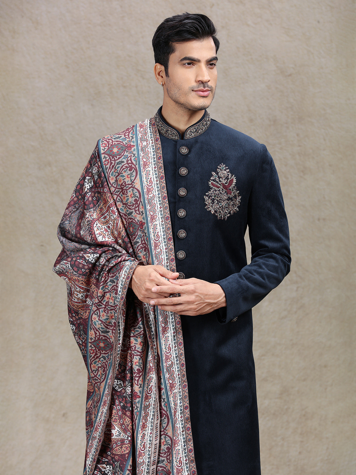Blue velvet sherwani with vintage printed dupatta