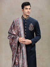Blue velvet sherwani with vintage printed dupatta