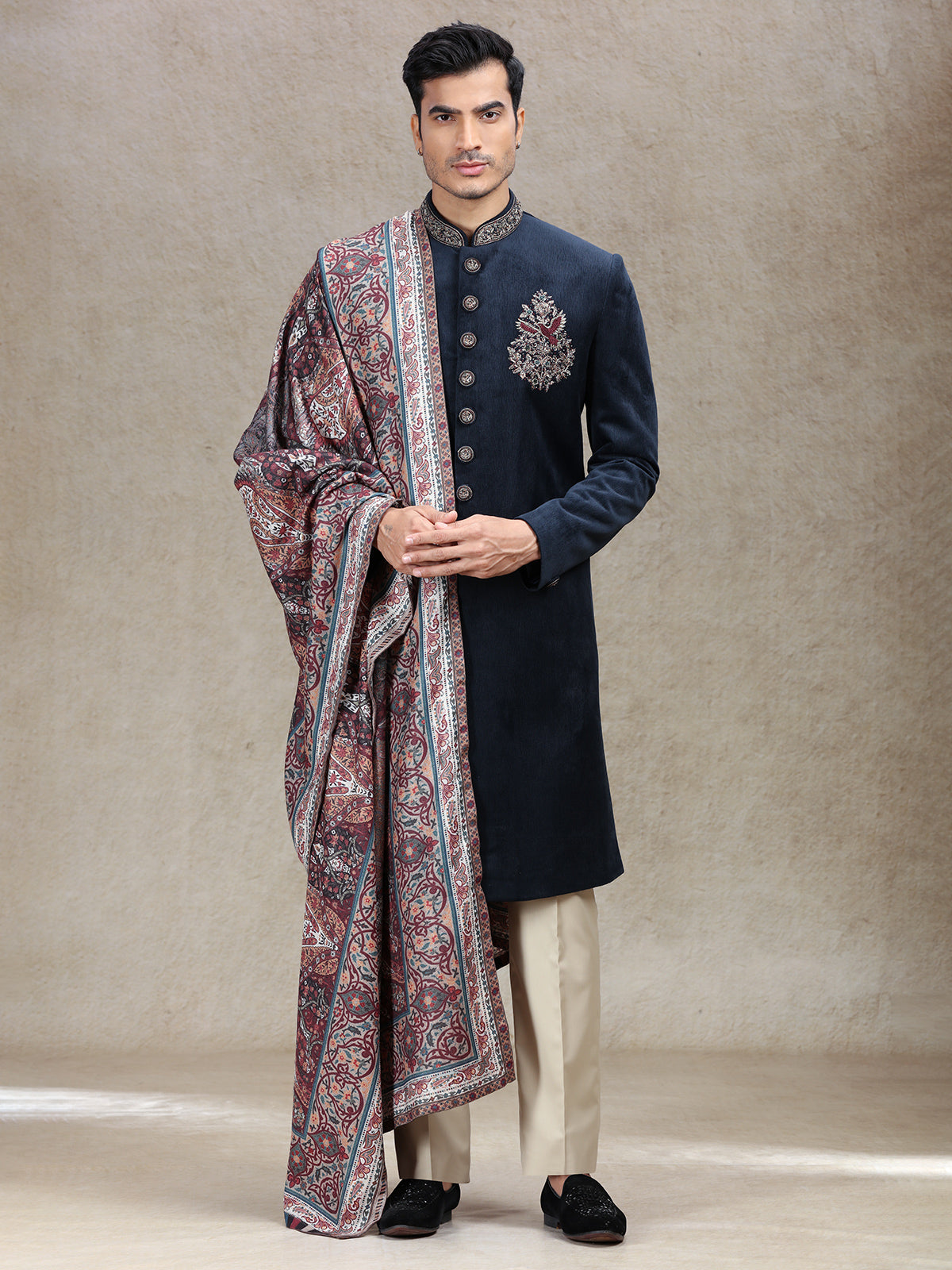 Blue velvet sherwani with vintage printed dupatta