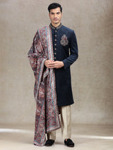 Blue velvet sherwani with vintage printed dupatta