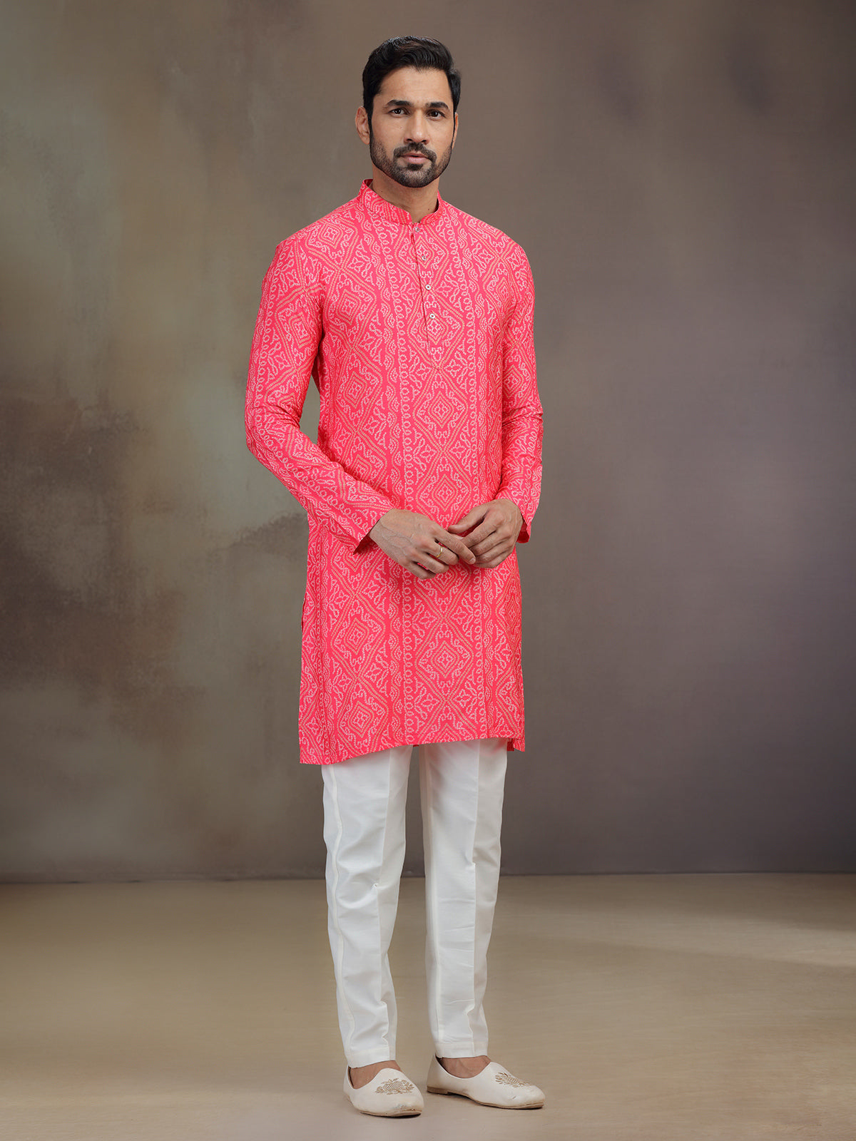 Bright pink silk printed kurta suit for men