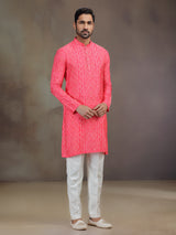 Bright pink silk printed kurta suit for men