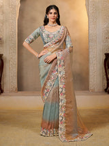 Brown and grey shaded organza satin saree of mystic grace