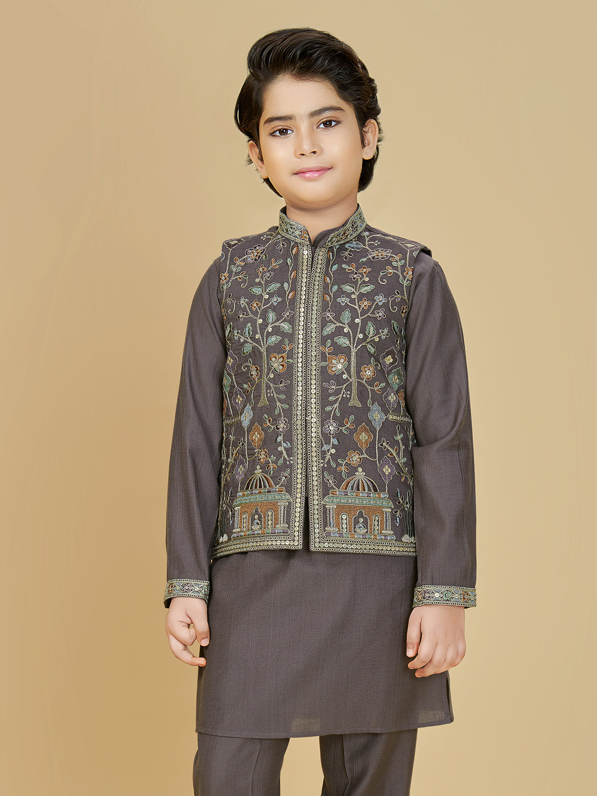 Brown embroidered cotton silk waistcoat set