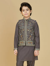 Brown embroidered cotton silk waistcoat set