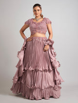 Brown organza ruffle dupatta lehenga choli