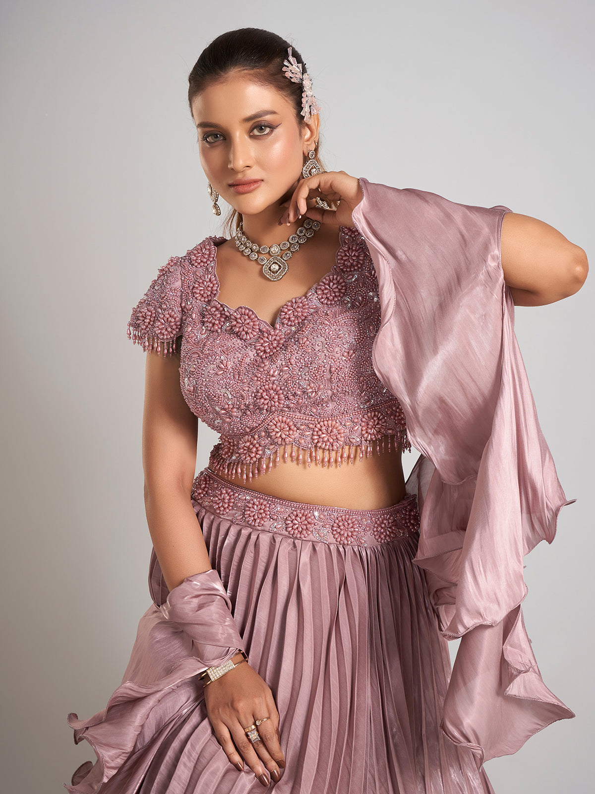Brown organza ruffle dupatta lehenga choli