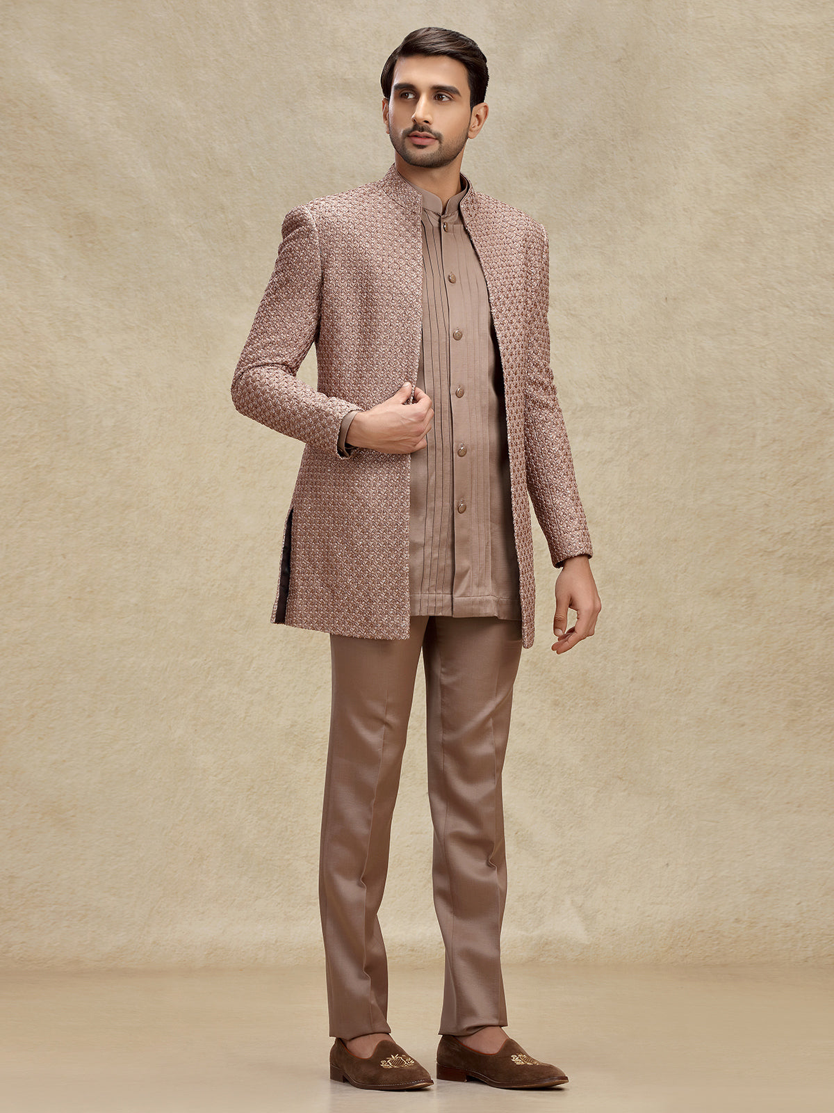 Brown silk embroidered layers indowestern with jacket