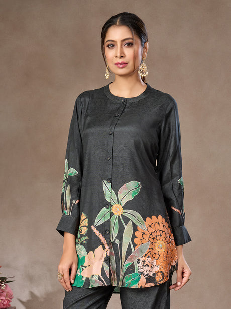 Charcoal black floral printed crepe silk co-ord set