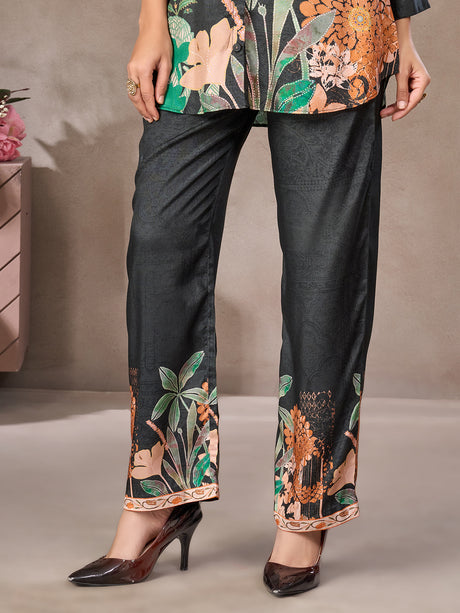 Charcoal black floral printed crepe silk co-ord set