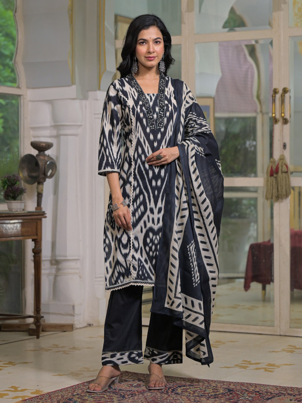 Charcoal black silk embellished kurti ensemble