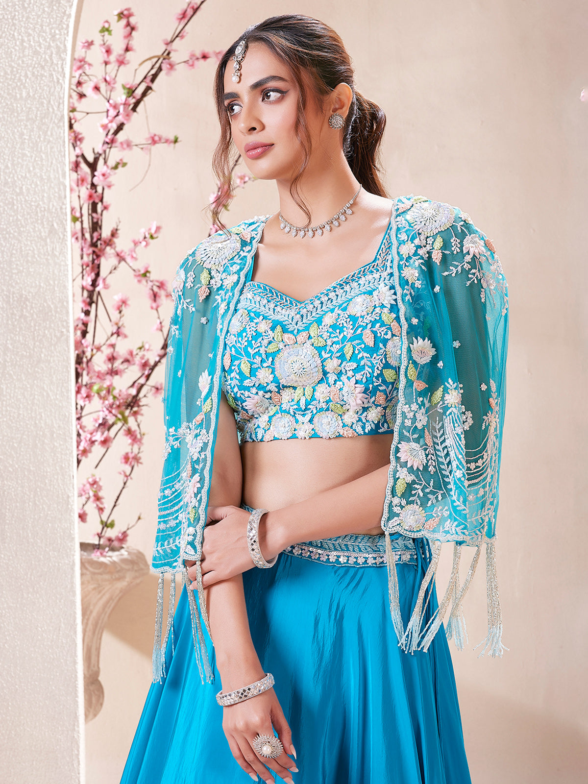 Classic aqua satin lehenga choli