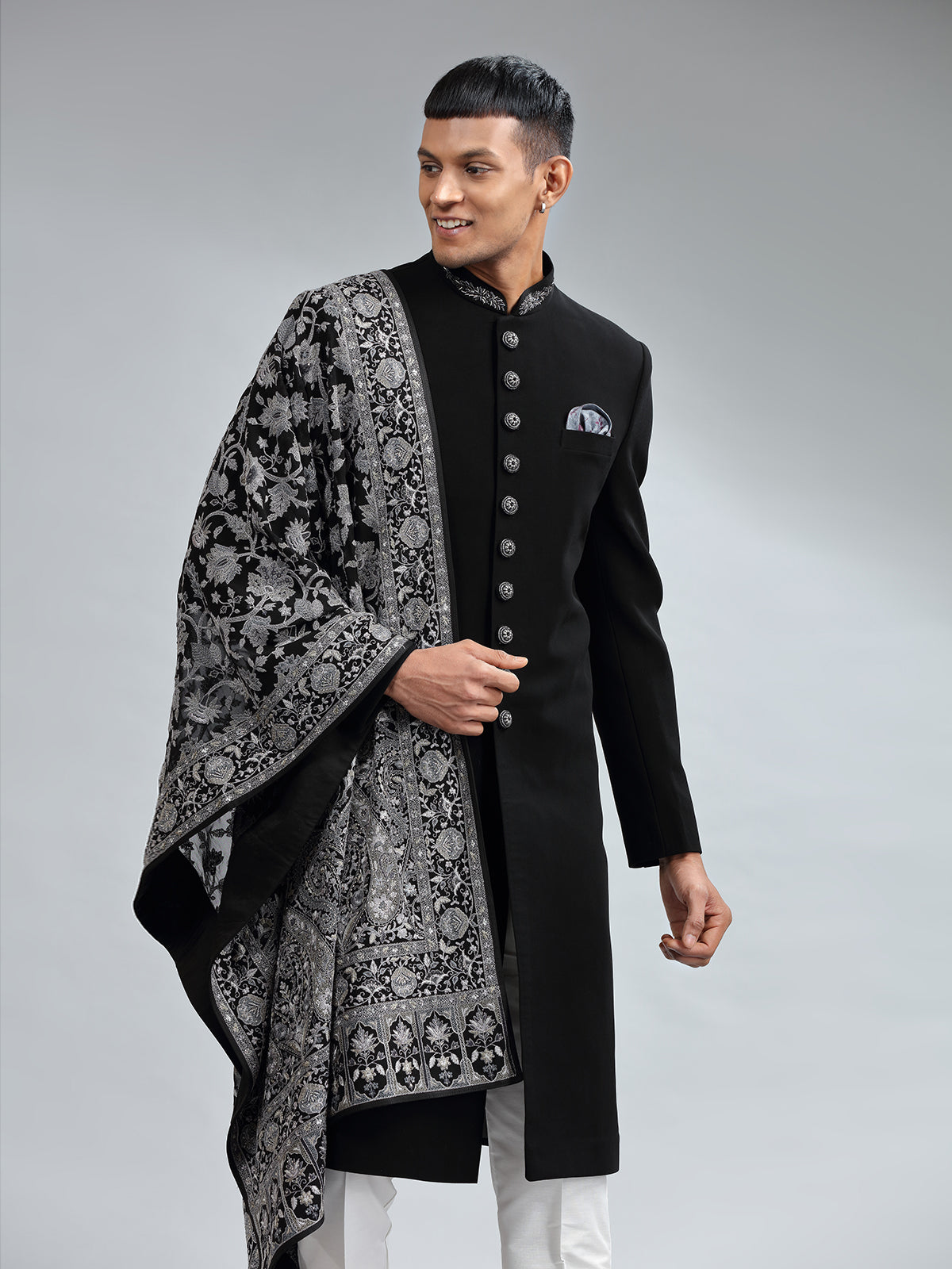 Classic black terry rayon sherwani