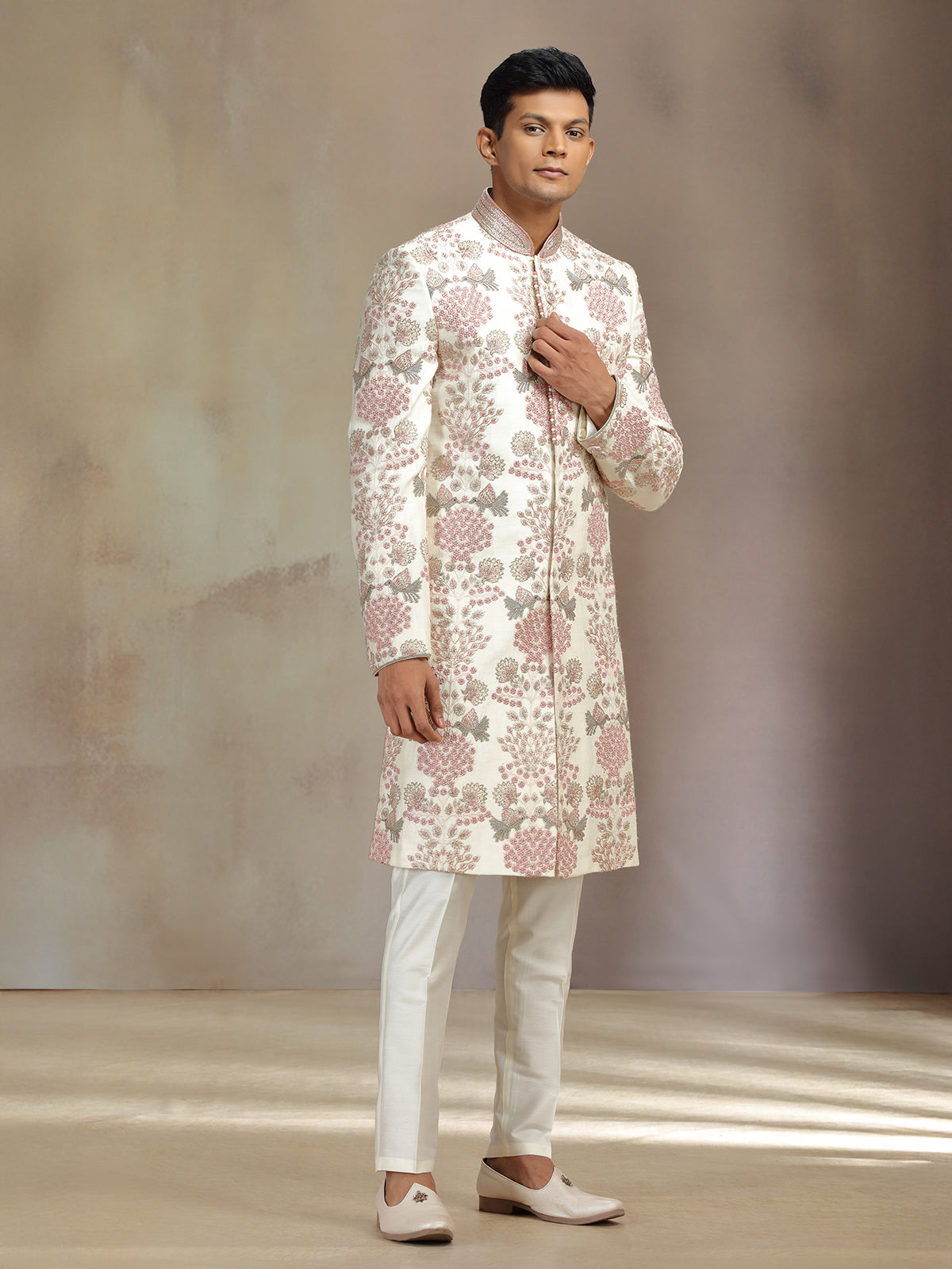 Classic cream silk zardosi sherwani