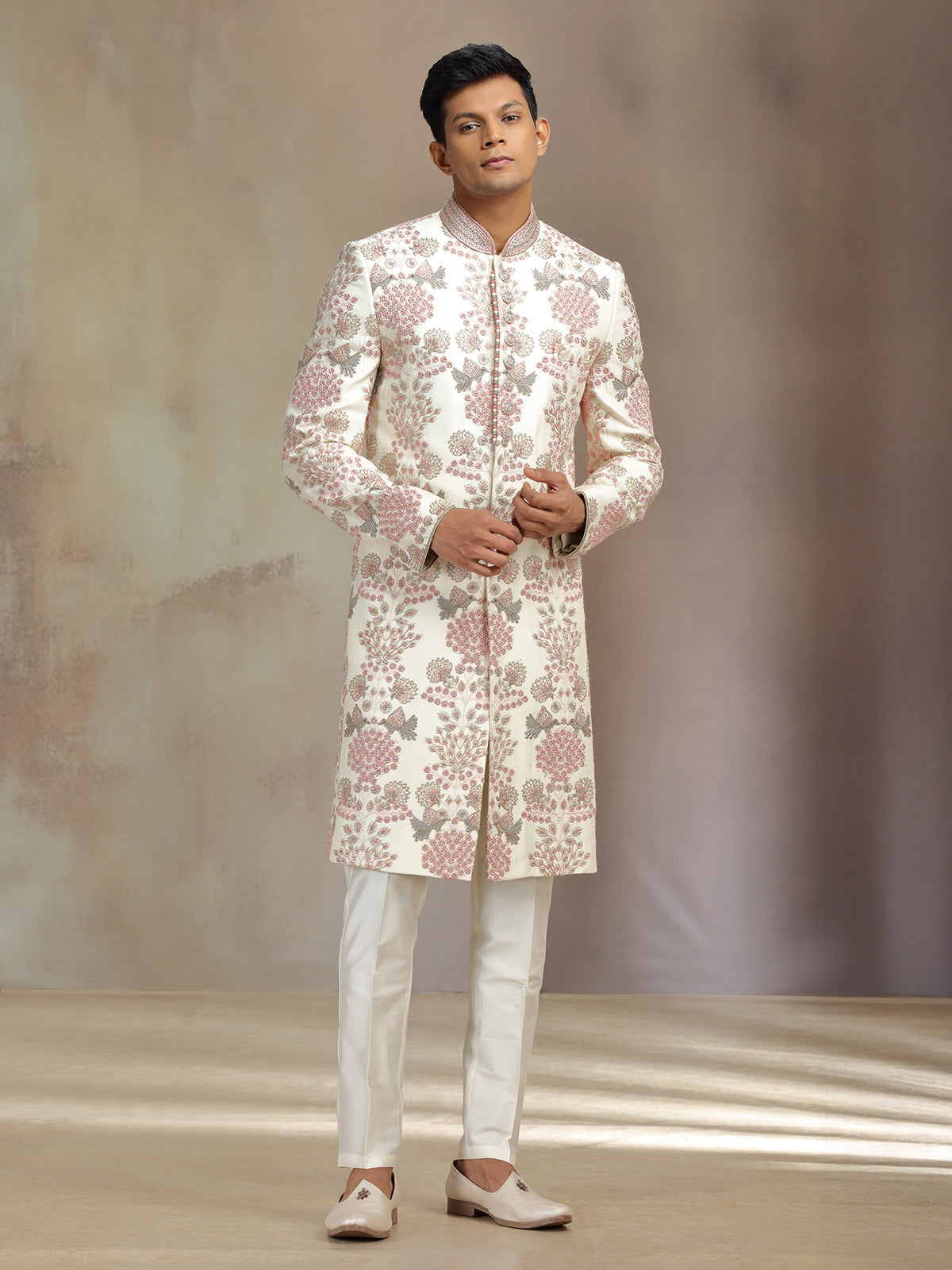 Classic cream silk zardosi sherwani