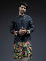 Classic navy flower floral print silk kurta suit