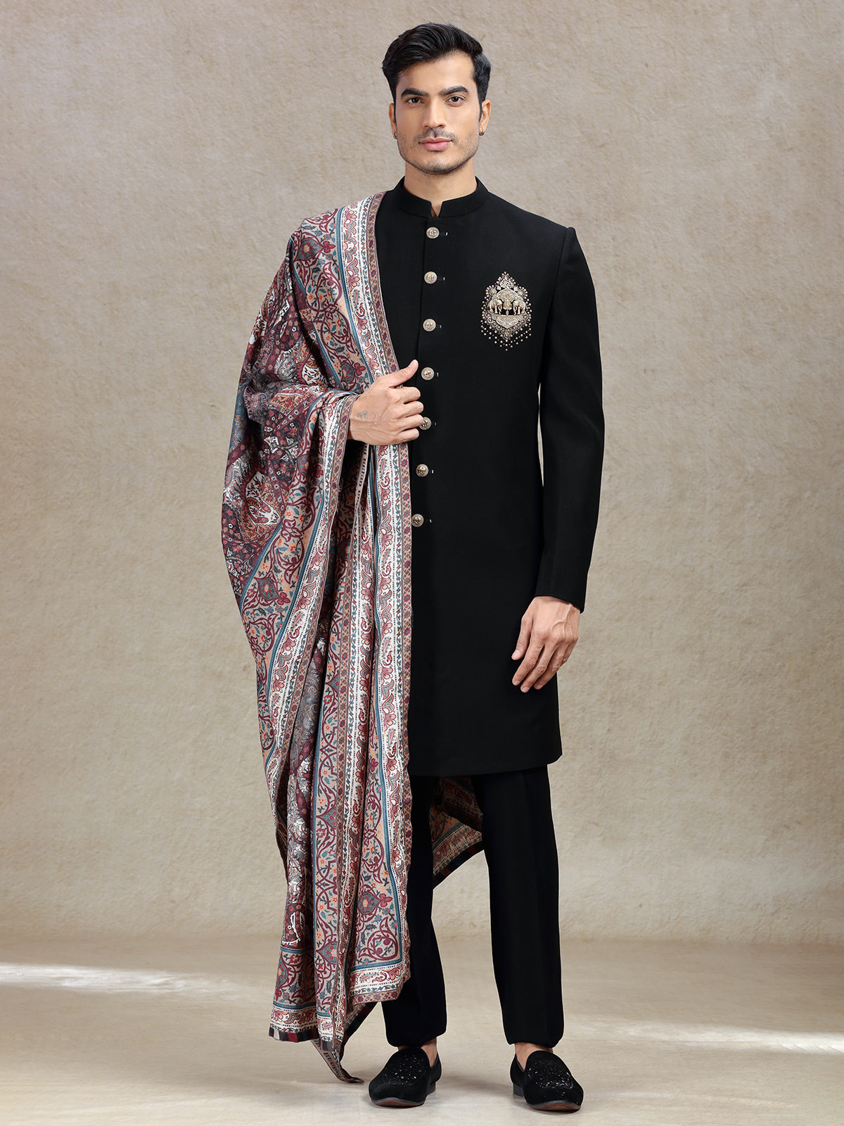 Classy charming black sherwani with pashmina dupatta