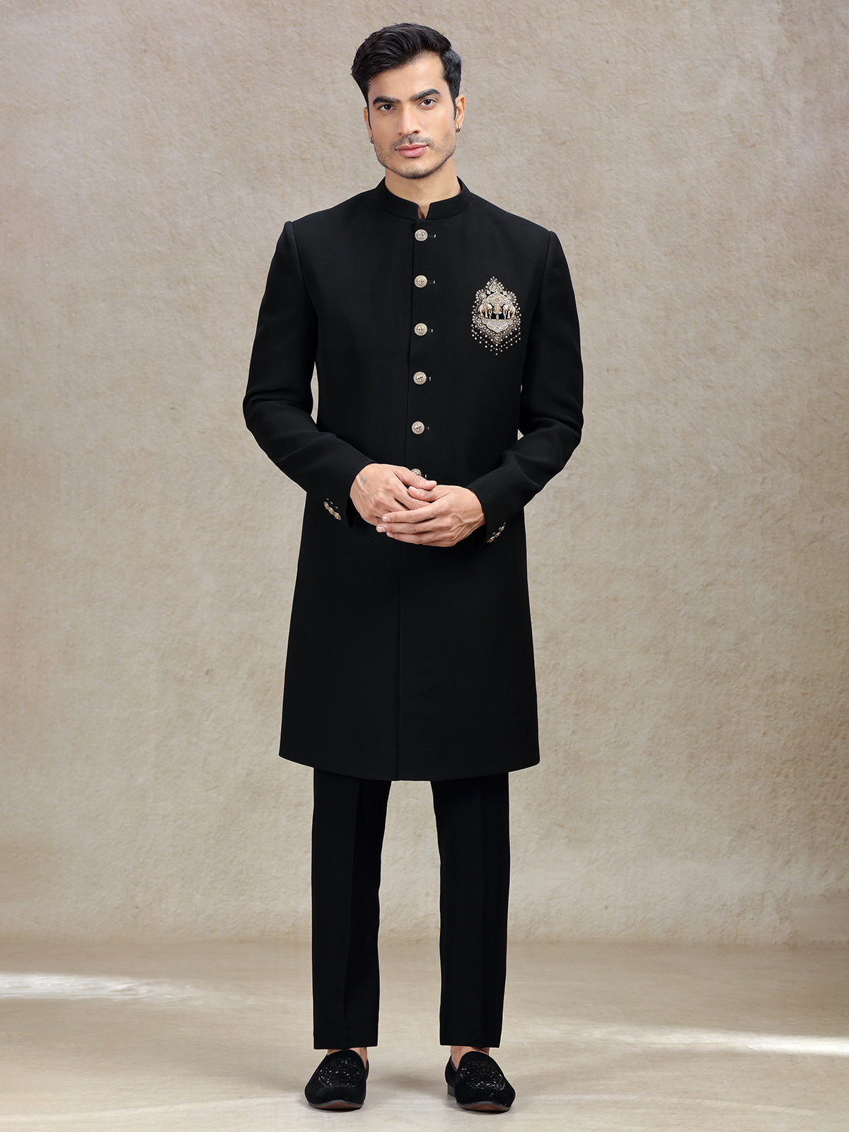 Classy charming black sherwani with pashmina dupatta