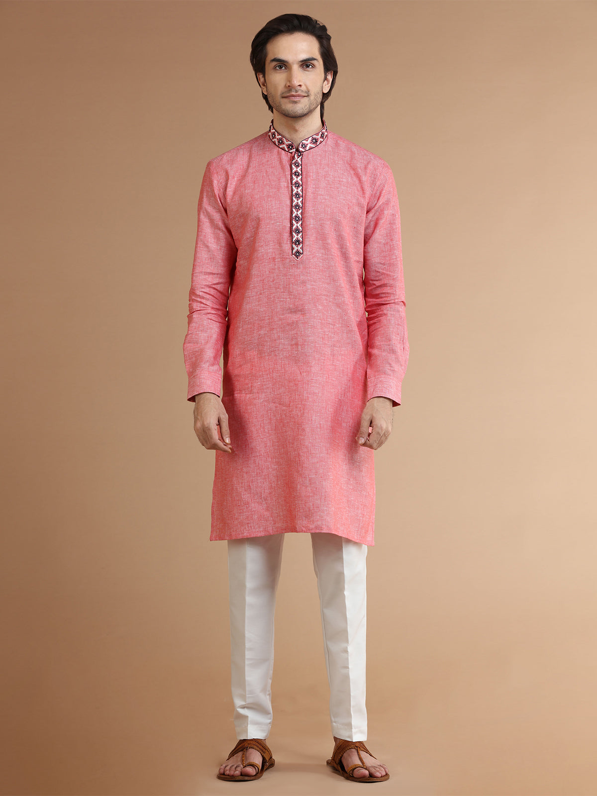 Coral pink linen plain kurta suit