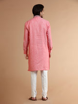 Coral pink linen plain kurta suit