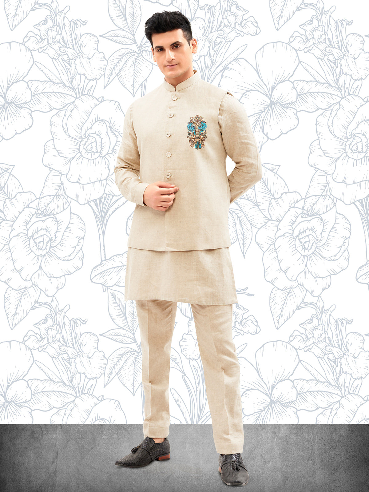 Cotton light khakhi waistcoat set for men
