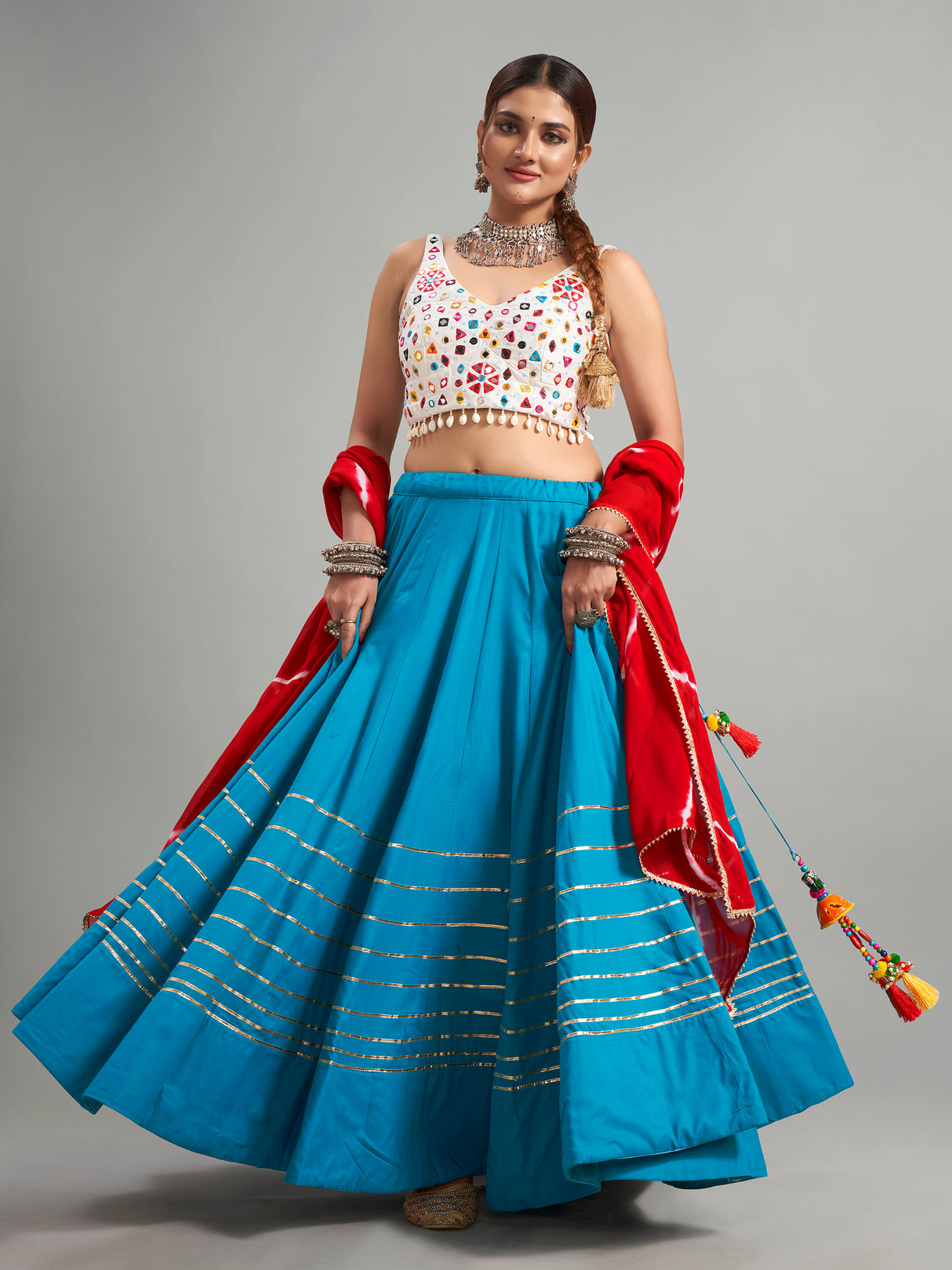 Cotton silk aqua lehenga choli