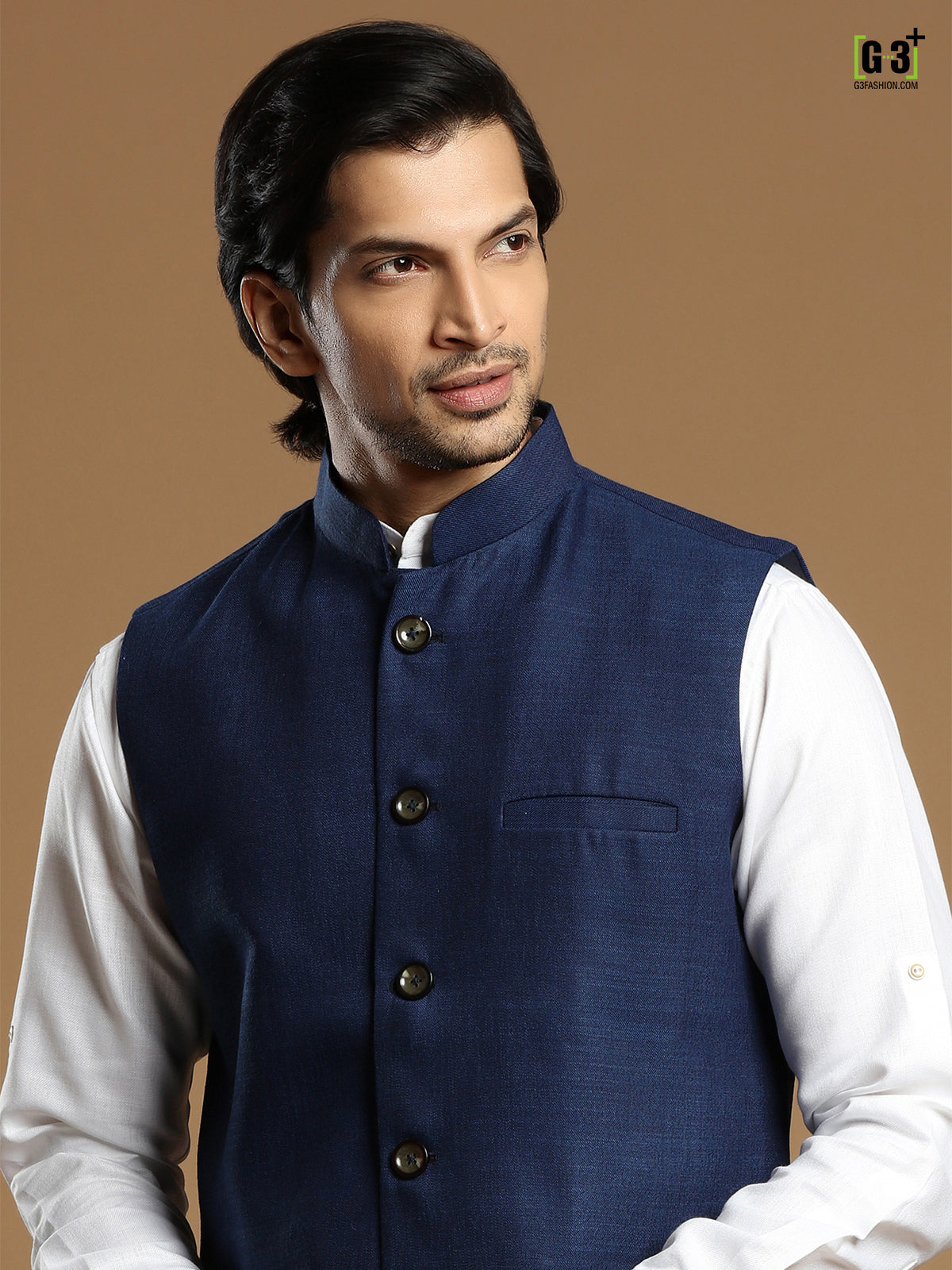Cotton silk festive occasions navy waistcoat set for men