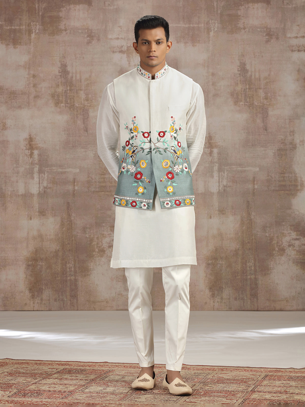 Cream and grey ombre silk waistcoat set