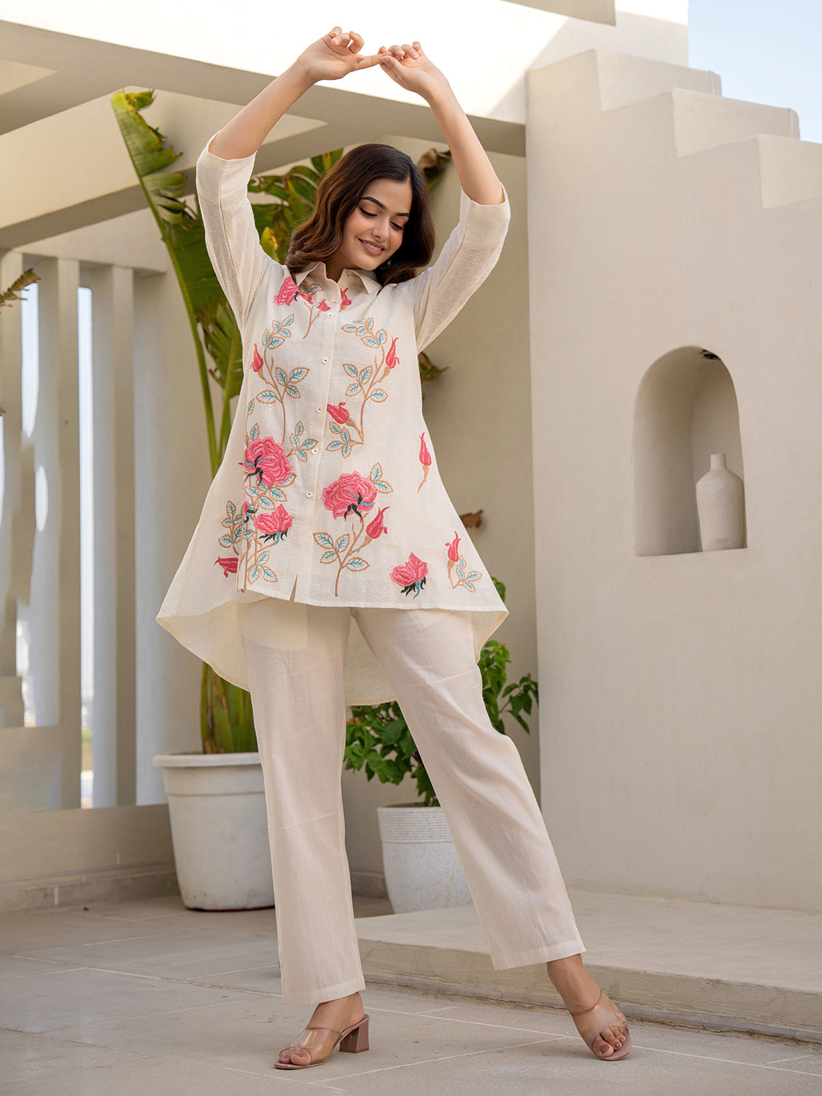 Cream and pink cotton embroidered co ord set