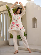 Cream and pink cotton embroidered co ord set
